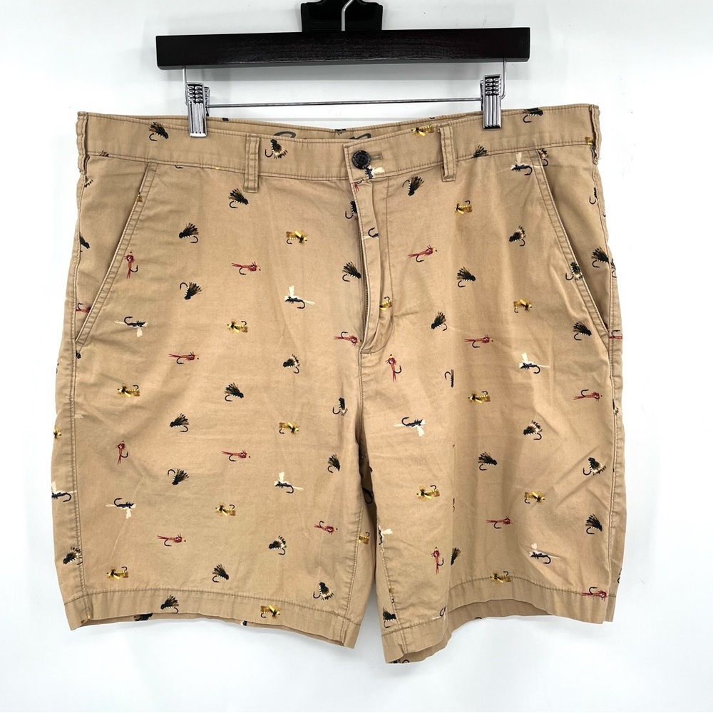 EDDIE BAUER Chino Shorts Fly Fishing Lures Fishing Print 38 100% Cotton KhakiTan